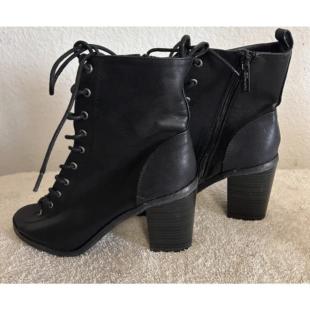Breckelles Tina-15 SZ 8 Black Lace Up Boot Open Toe Block Heel Zip Faux Leather
